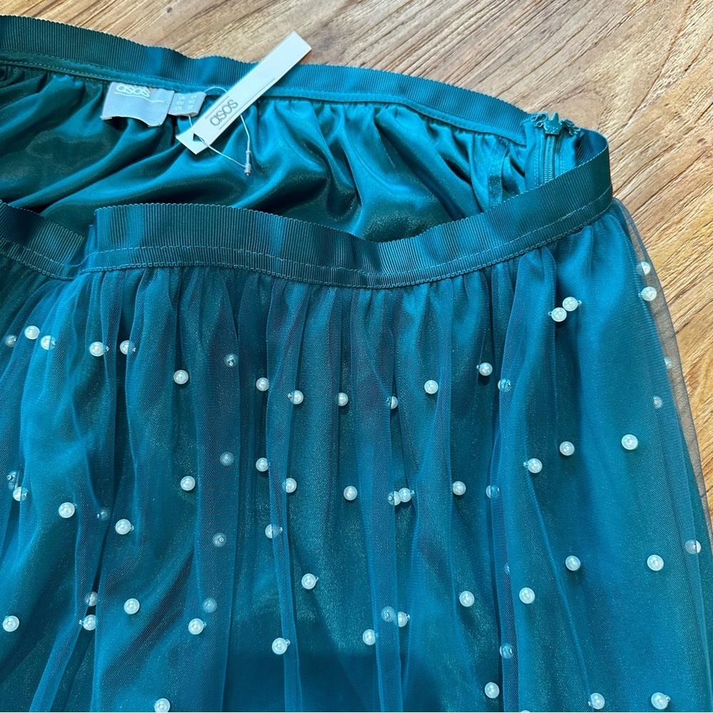 ASOS Design Women’s Tall Faux Pearl Embellished Tulle Maxi Skirt Forest Green - Picture 9 of 14